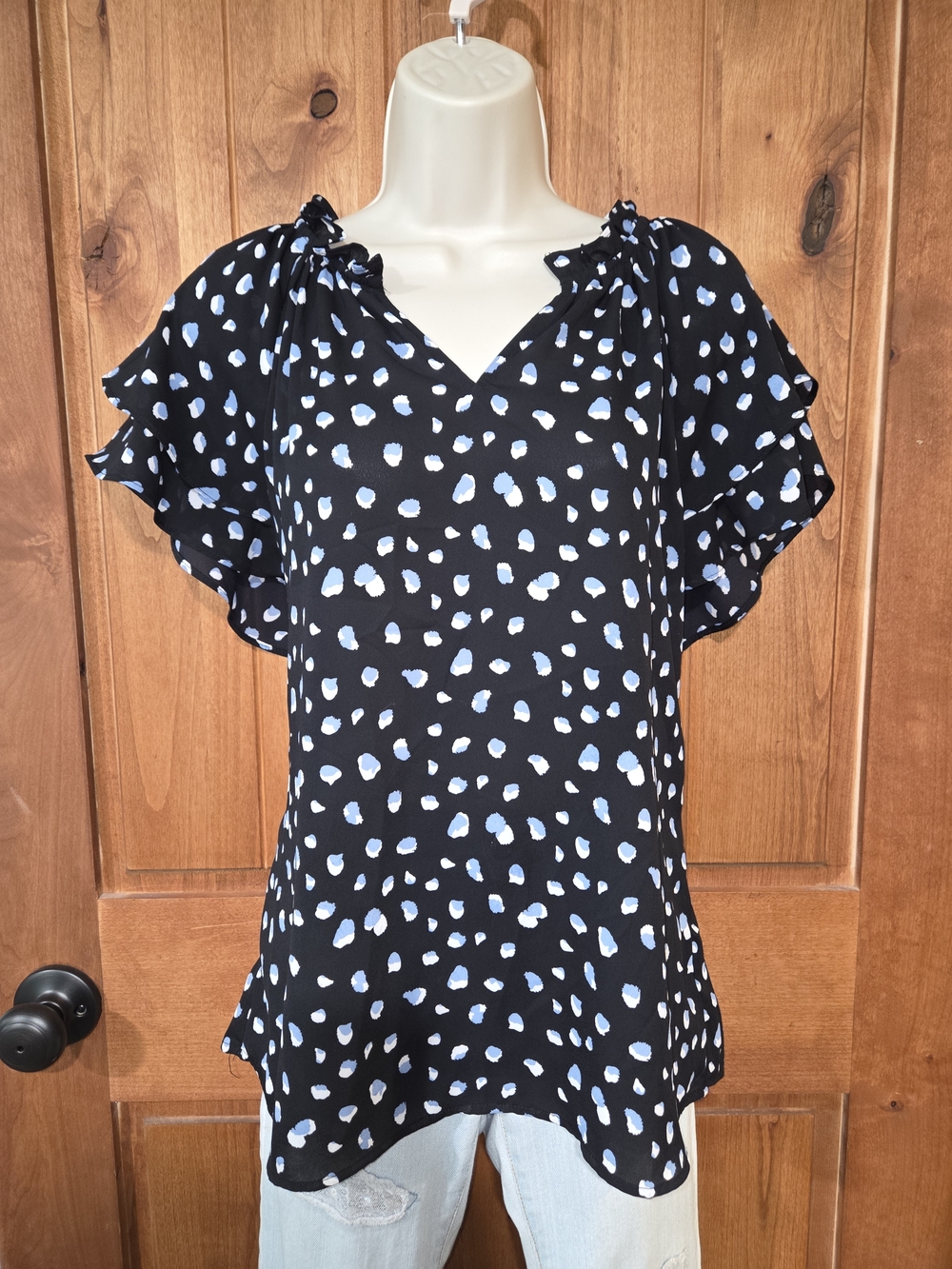 Pleione Navy Top with Light Blue Spot Print and Ruffle Sleeves